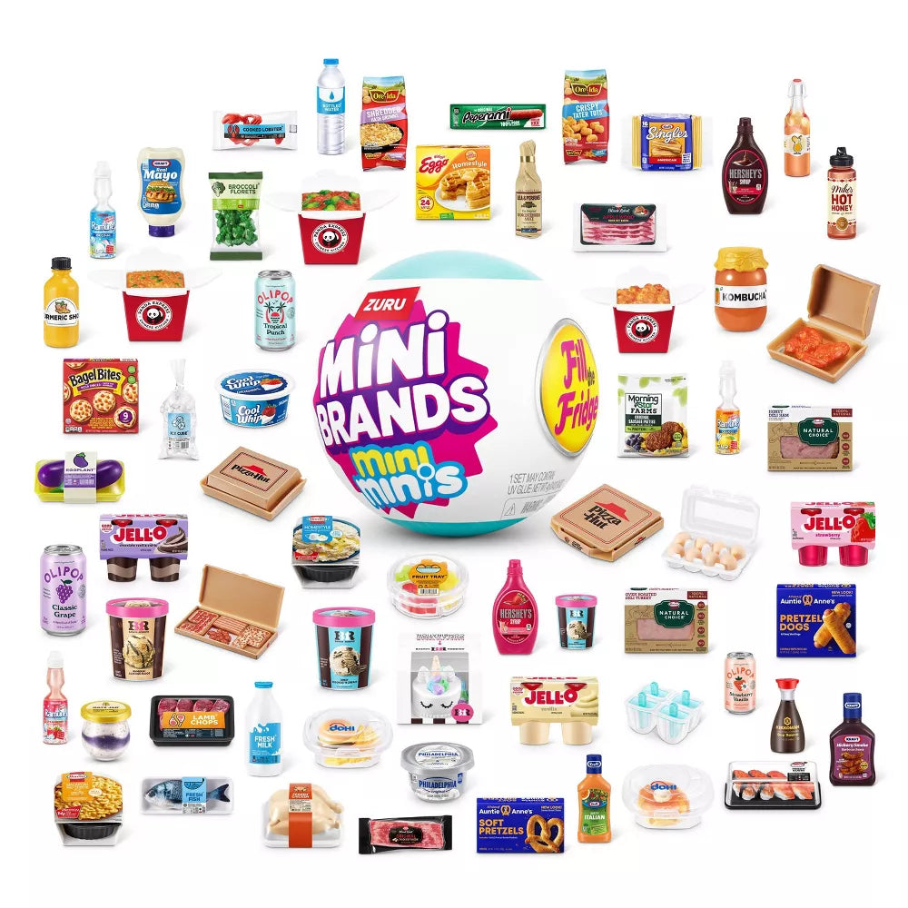 Mini Brands Fill the Fridge Mini Minis Series 1 surprise capsule by ZURU featuring five tiny supermarket food collectibles.