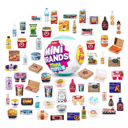 Mini Brands Fill the Fridge Mini Minis Series 1 surprise capsule by ZURU featuring five tiny supermarket food collectibles.