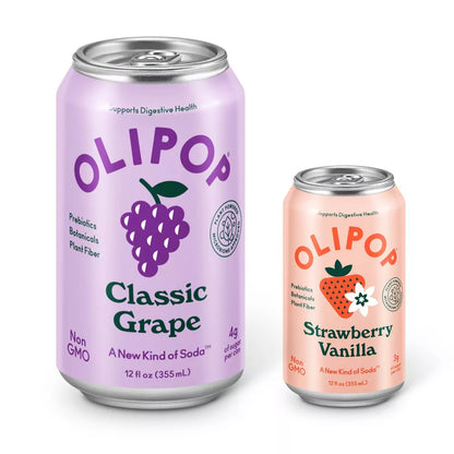 Two cans of OLIPOP soda, one grape and one strawberry vanilla, on a white background.