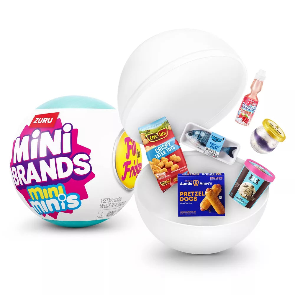 Mini Brands Fill the Fridge Mini Minis Series 1 surprise capsule by ZURU featuring five tiny supermarket food collectibles.