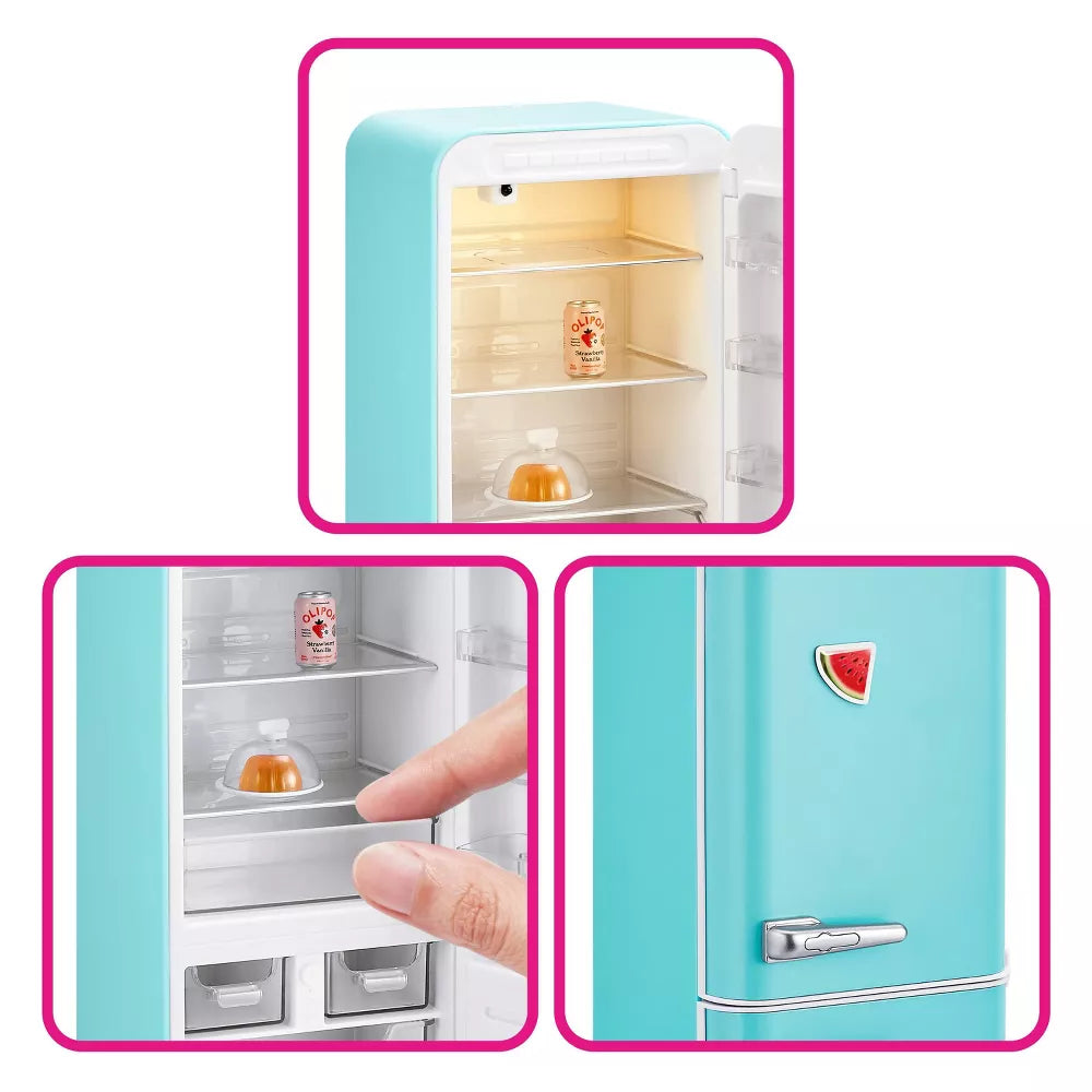 Miniature turquoise refrigerator with open door showing interior shelves.