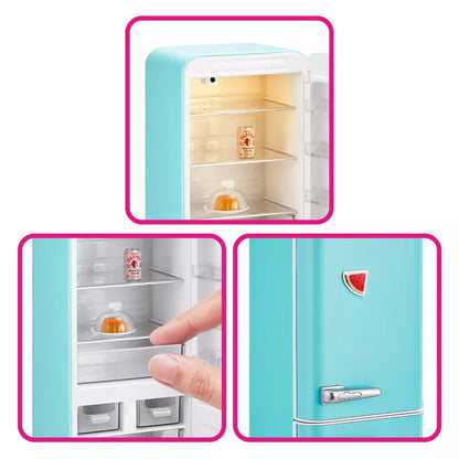 Miniature turquoise refrigerator with open door showing interior shelves.