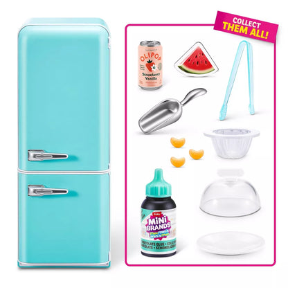 Mini Brands Fill the Fridge Playset by ZURU featuring a miniature teal refrigerator with a working interior light and miniature food collectibles.