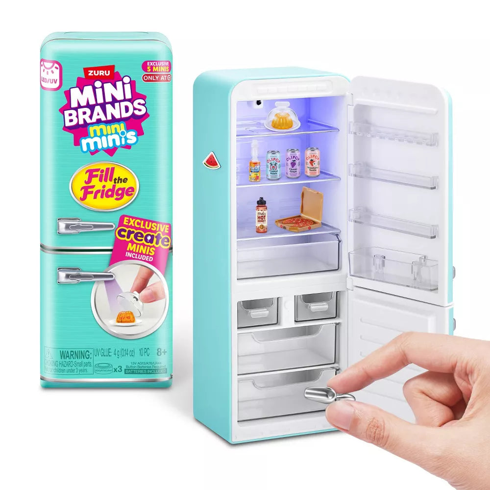 Mini Brands Fill the Fridge Playset by ZURU featuring a miniature teal refrigerator with a working interior light and miniature food collectibles.