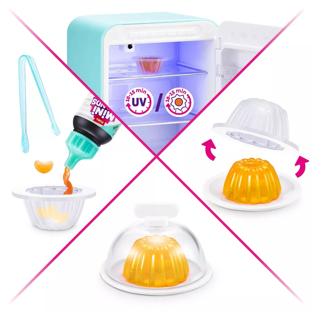 Mini refrigerator with jello mold and ingredients on a white background