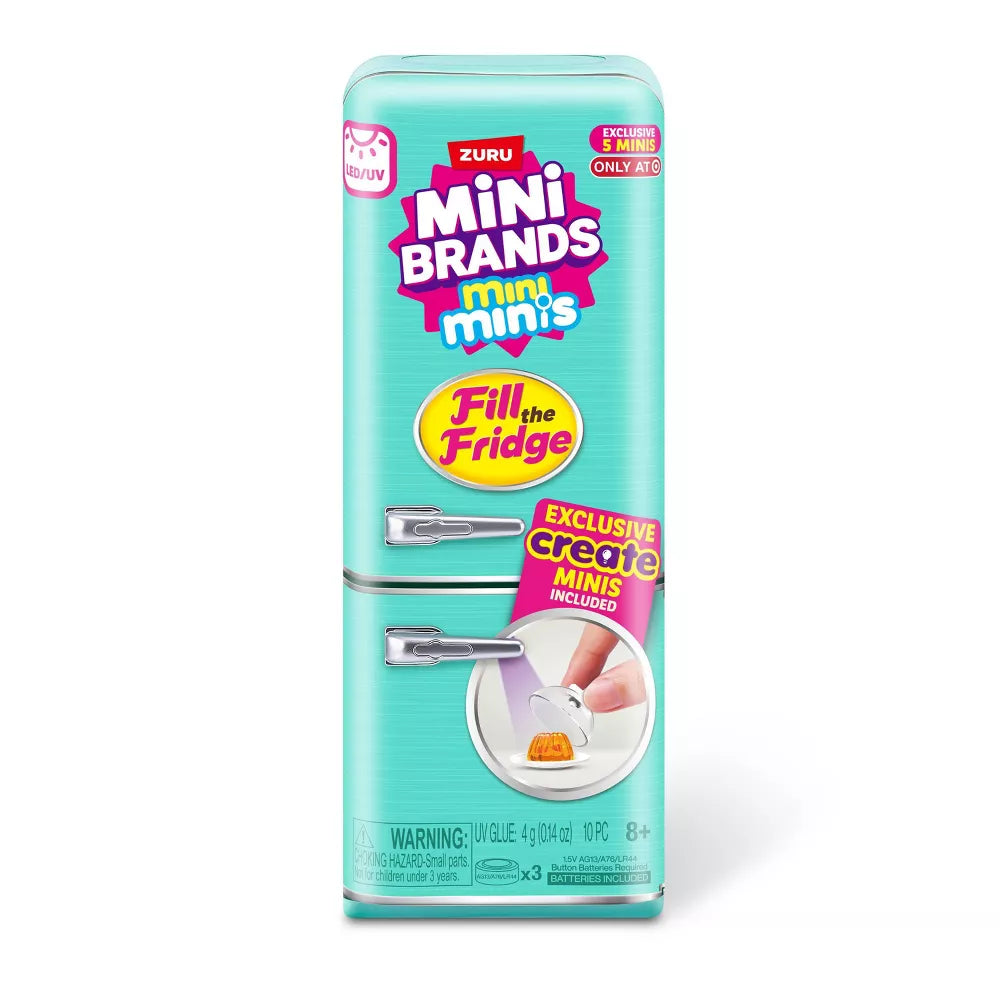 Mini Brands Fill the Fridge Playset by ZURU featuring a miniature teal refrigerator with a working interior light and miniature food collectibles.
