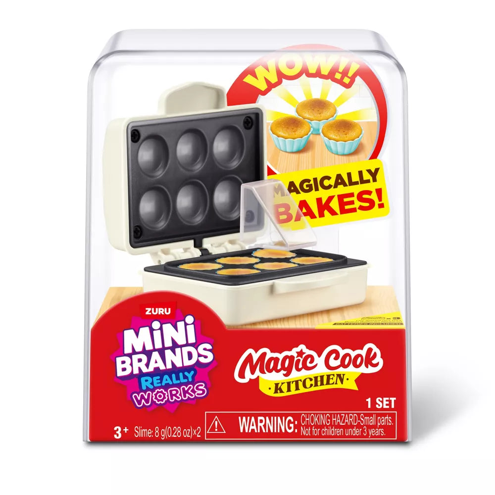 Mini Brands Magic Cook Kitchen Series 1 Cup Cake Maker by ZURU featuring a miniature baking appliance and DIY cup cake slime ingredients.