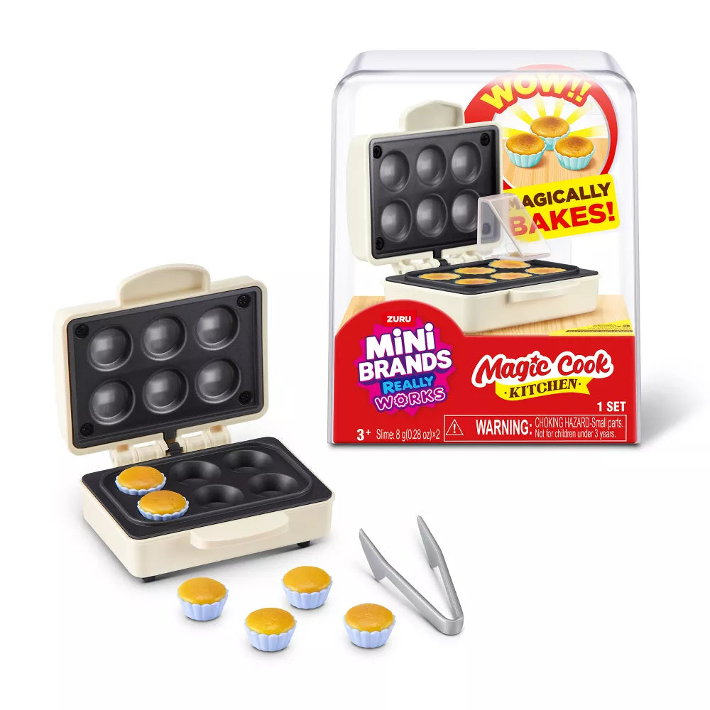 Mini Brands Magic Cook Kitchen Series 1 Cup Cake Maker by ZURU featuring a miniature baking appliance and DIY cup cake slime ingredients.