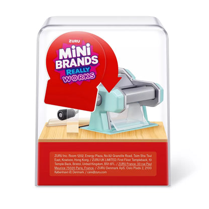 Mini Brands Magic Cook Kitchen Series 1 Pasta Maker by ZURU featuring a miniature teal pasta maker, mixing bowl, and DIY slime noodles.