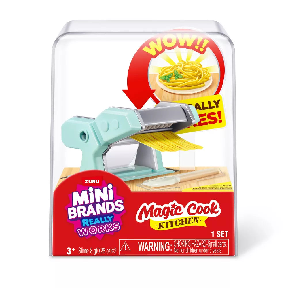 Mini Brands Magic Cook Kitchen Series 1 Pasta Maker by ZURU featuring a miniature teal pasta maker, mixing bowl, and DIY slime noodles.