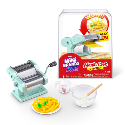Mini Brands Magic Cook Kitchen Series 1 Pasta Maker by ZURU featuring a miniature teal pasta maker, mixing bowl, and DIY slime noodles.