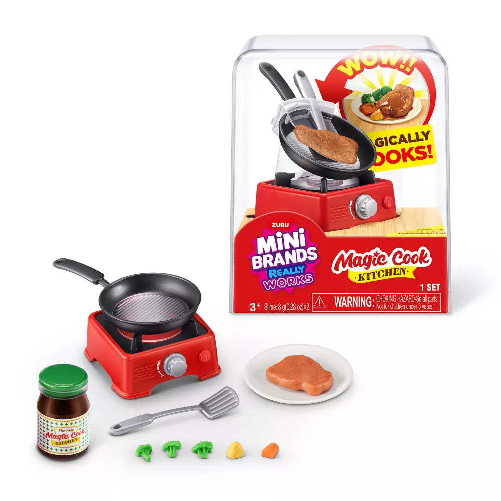 Mini Brands Magic Cook Kitchen Series 1 Steak with Pan by ZURU featuring a miniature red stove, black skillet, and DIY steak slime ingredients.