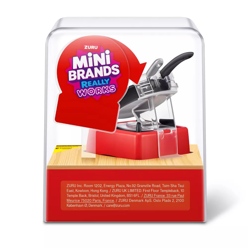 Mini Brands Magic Cook Kitchen Series 1 Steak with Pan by ZURU featuring a miniature red stove, black skillet, and DIY steak slime ingredients.