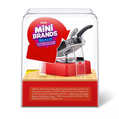 Mini Brands Magic Cook Kitchen Series 1 Steak with Pan by ZURU featuring a miniature red stove, black skillet, and DIY steak slime ingredients.