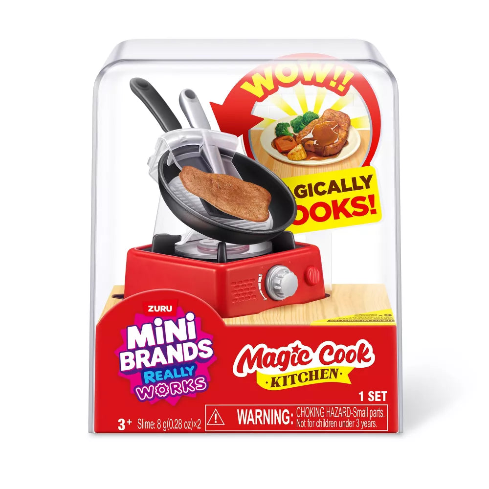 Mini Brands Magic Cook Kitchen Series 1 Steak with Pan by ZURU featuring a miniature red stove, black skillet, and DIY steak slime ingredients.