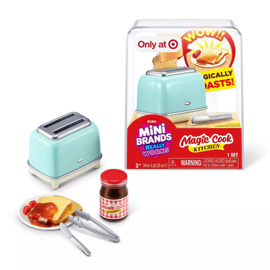 Mini Brands Magic Cook Kitchen Series 1 Toaster by ZURU featuring a miniature teal toaster and DIY breakfast slime ingredients.