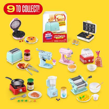 Collection of miniature kitchen appliances and accessories on a yellow background with '9 to collect' text.