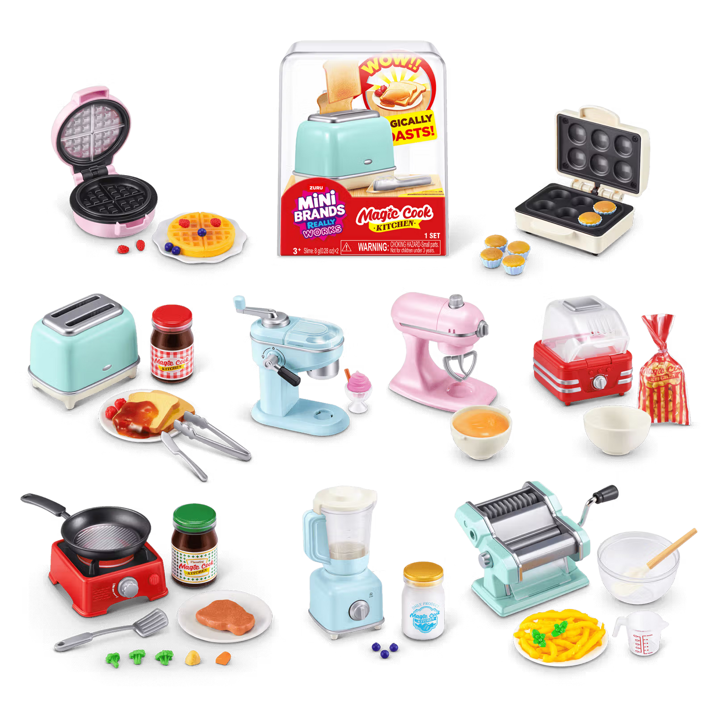 Collection of miniature kitchen appliances and items on a white background