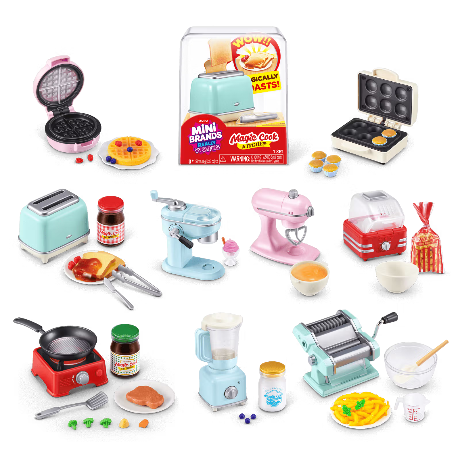 Collection of miniature kitchen appliances and items on a white background