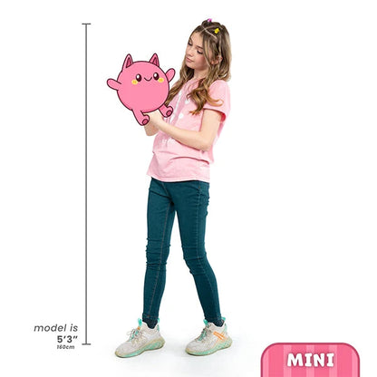 Girl holding a pink plush toy with height measurement on a white background
