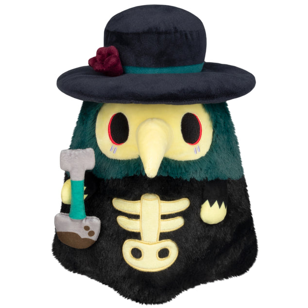 Mini Squishable Graveyard Plague Doctor plush with black cloak, rose hat, and shovel accessory