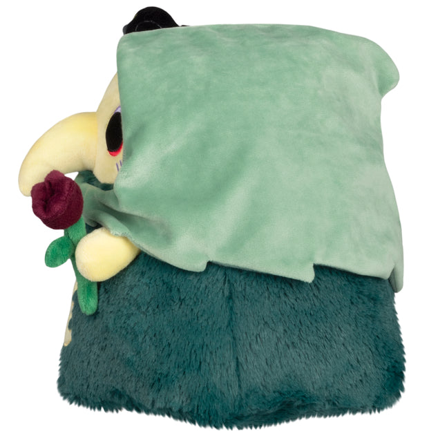 Mini Squishable Graveyard Plague Nurse plush with green cloak, skeleton embroidery, rose, and bat Side View