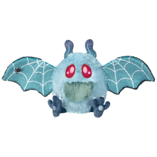 Mini Squishable Haunted Mothman plush featuring light blue fur, glowing red eyes, and dark tattered wings.