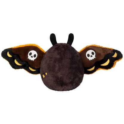 Mini Squishable Hawkmothman plush featuring dark brown fur, yellow eyes, and dark wings with skull patterns.