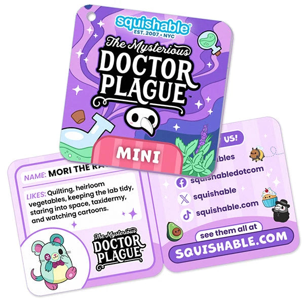 Squishable 'The Mysterious Doctor Plague' mini card with character details on a white background