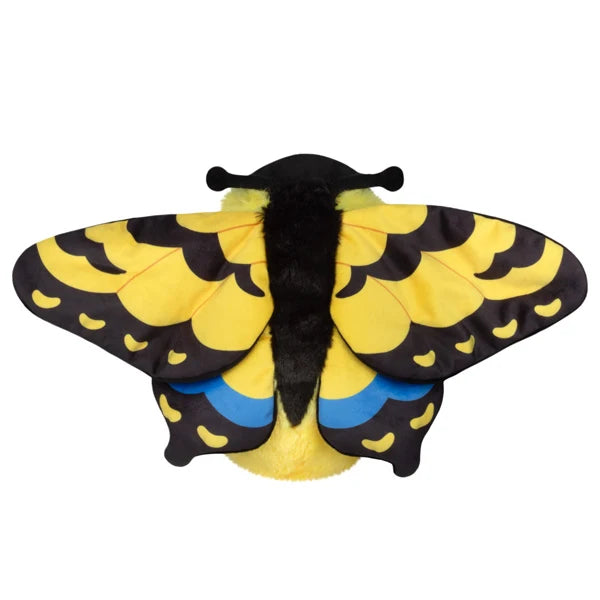 Mini Squishable Tiger Butterfly plush with yellow and black striped wings, big blue eyes, red cheeks, and little black antennae.
