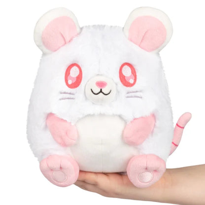Mini Squishable White Rat plush featuring fluffy white fur, pink ears and paws, red-hued eyes, and a pink tail.