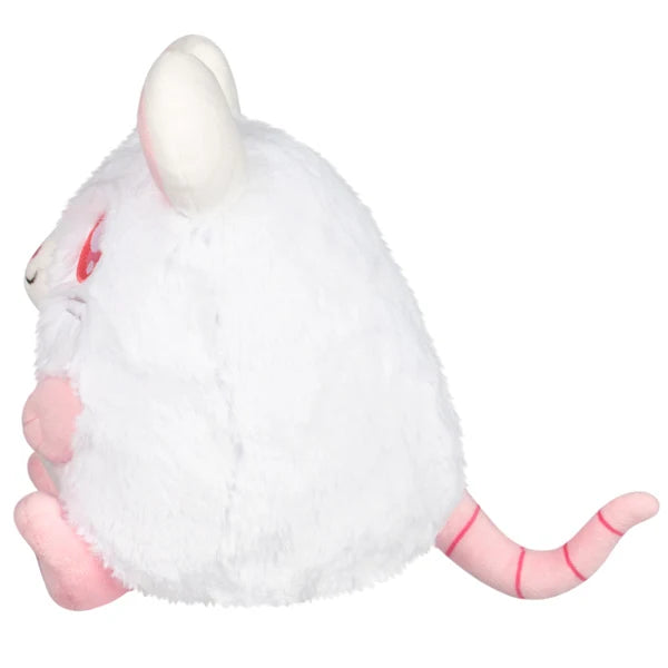 Mini Squishable White Rat plush featuring fluffy white fur, pink ears and paws, red-hued eyes, and a pink tail.