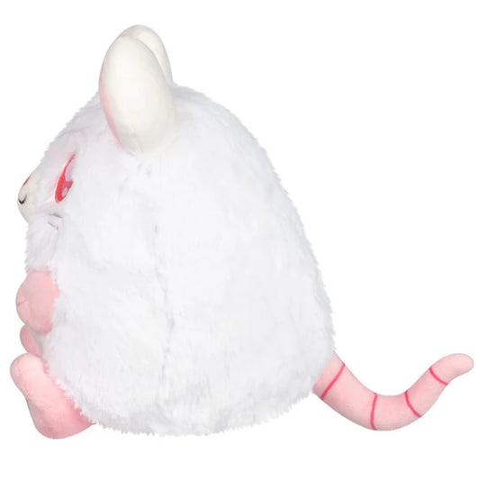 Mini Squishable White Rat plush featuring fluffy white fur, pink ears and paws, red-hued eyes, and a pink tail.