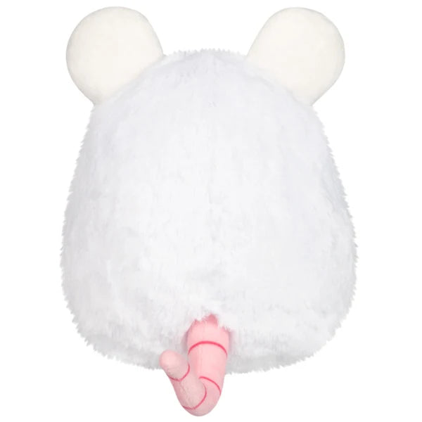 Mini Squishable White Rat plush featuring fluffy white fur, pink ears and paws, red-hued eyes, and a pink tail.