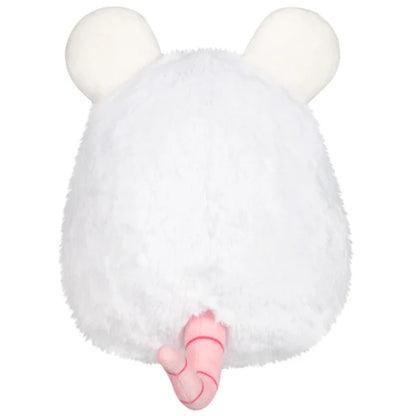 Mini Squishable White Rat plush featuring fluffy white fur, pink ears and paws, red-hued eyes, and a pink tail.