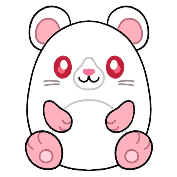 A cute cartoon rat illustration centered on a plain white background, with a white body, pink inner ears and paws, red eyes, and a small pink nose.