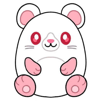A cute cartoon rat illustration centered on a plain white background, with a white body, pink inner ears and paws, red eyes, and a small pink nose.