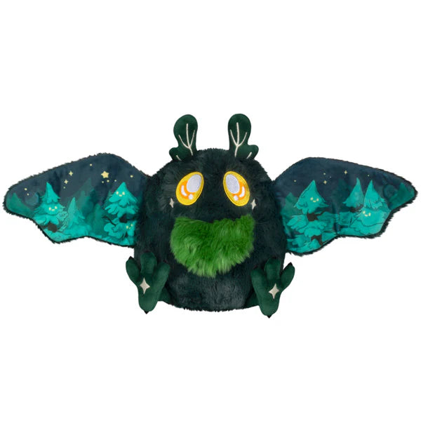 Squishable Mini Dark Forest Mothman 9-Inch Plush, a dark green cryptid soft toy with bright green chest fluff and starry forest pattern wings
