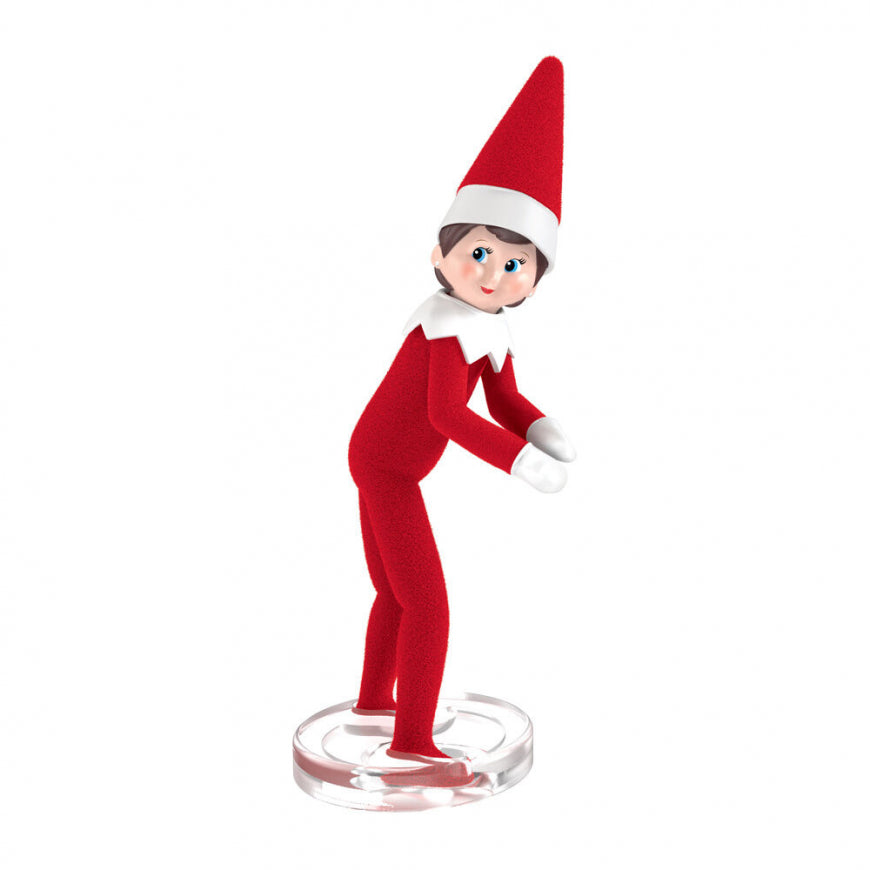 A red and white elf figurine posed in a golf swing on a clear circular base, isolated on a white background.