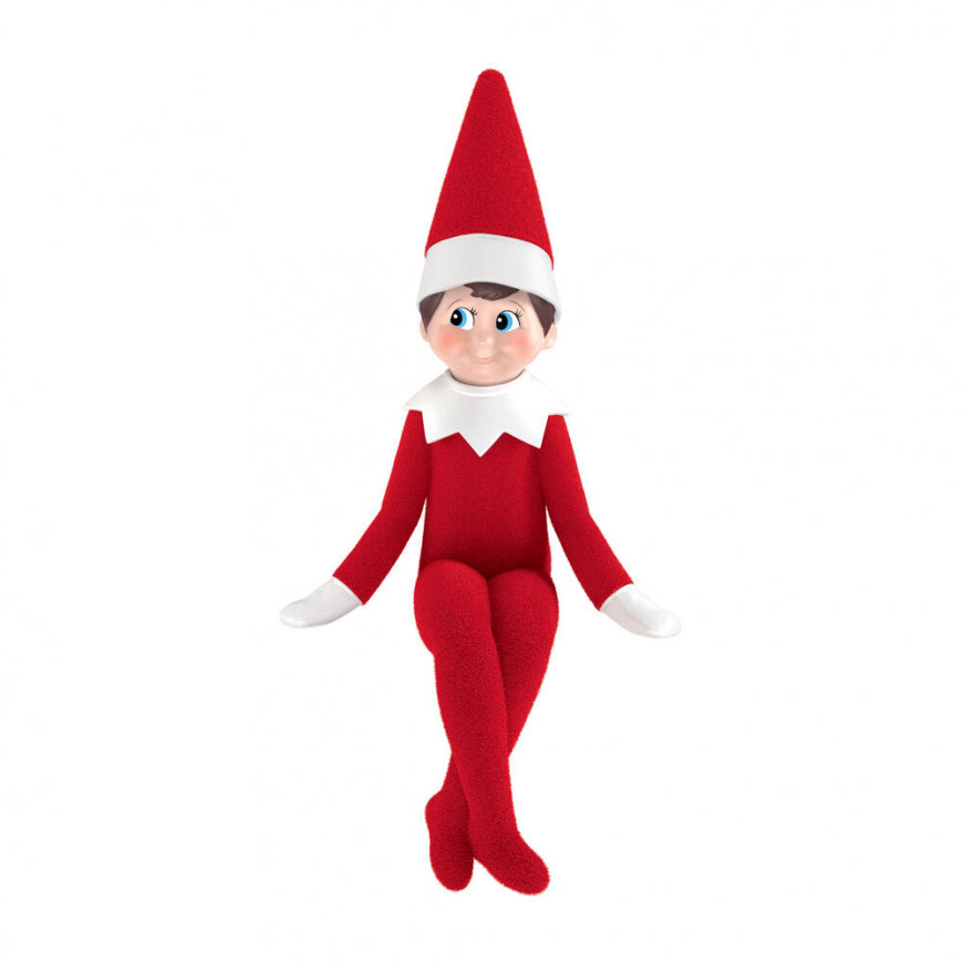 A  Christmas elf doll  of Elf on The Shelf wearing a red outfit and pointed red hat with a white band, posed against a plain white background.