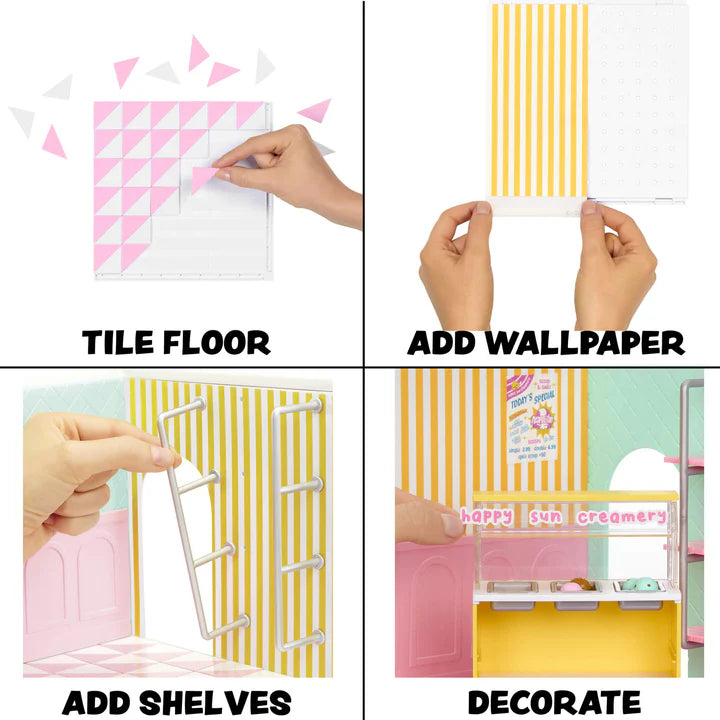 Step-by-step process of using Miniverse Spaces Ice Cream Shop Starter Pack display set Canada