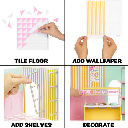 Step-by-step process of using Miniverse Spaces Ice Cream Shop Starter Pack display set Canada