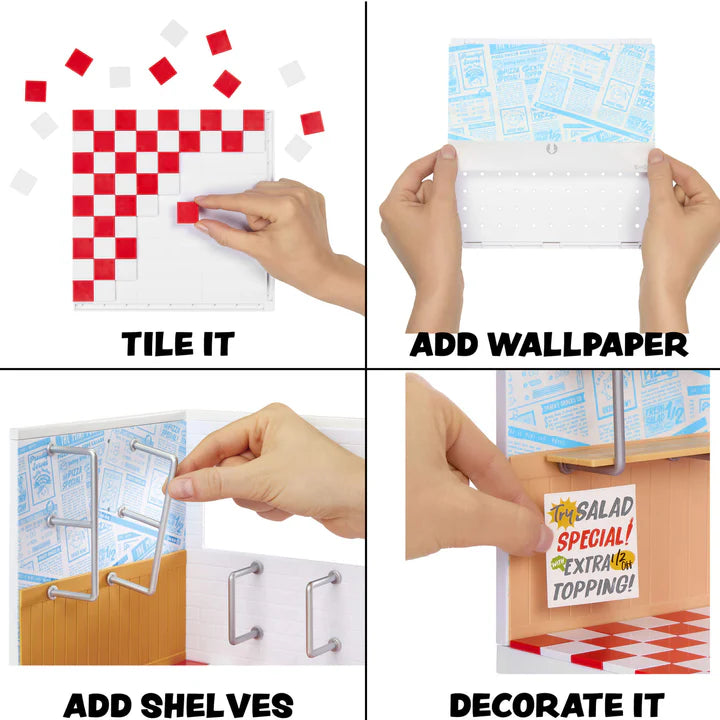 Collage of a Miniverse Spaces Pizza Shop Starter Pack display set Canada being used to tile, add wallpaper, add shelves, and decorate.