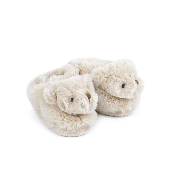 Mon Ami plush baby booties in tan featuring an adorable embroidered baby bear face and round ears, sized for 0 to 6 months.
