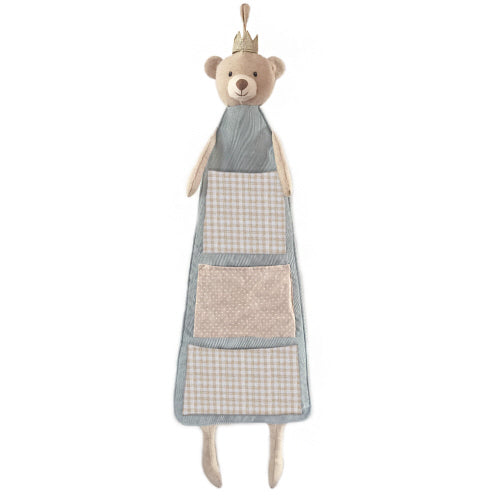 Mon Ami Bear Prince fabric hanging organizer featuring a plush bear with a crown and three gingham and swiss dot pockets.