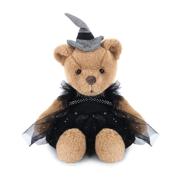 Mon Ami Beary Cute Witch plush bear sitting down wearing a black sparkly tulle outfit and silver witch hat.