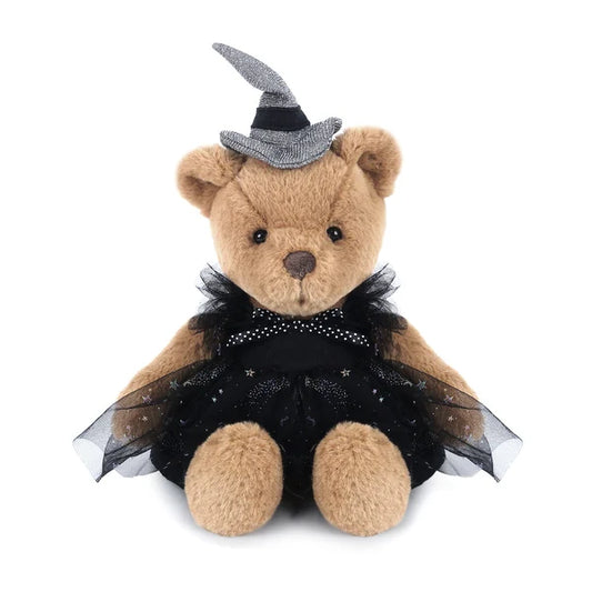 Mon Ami Beary Cute Witch plush bear sitting down wearing a black sparkly tulle outfit and silver witch hat.