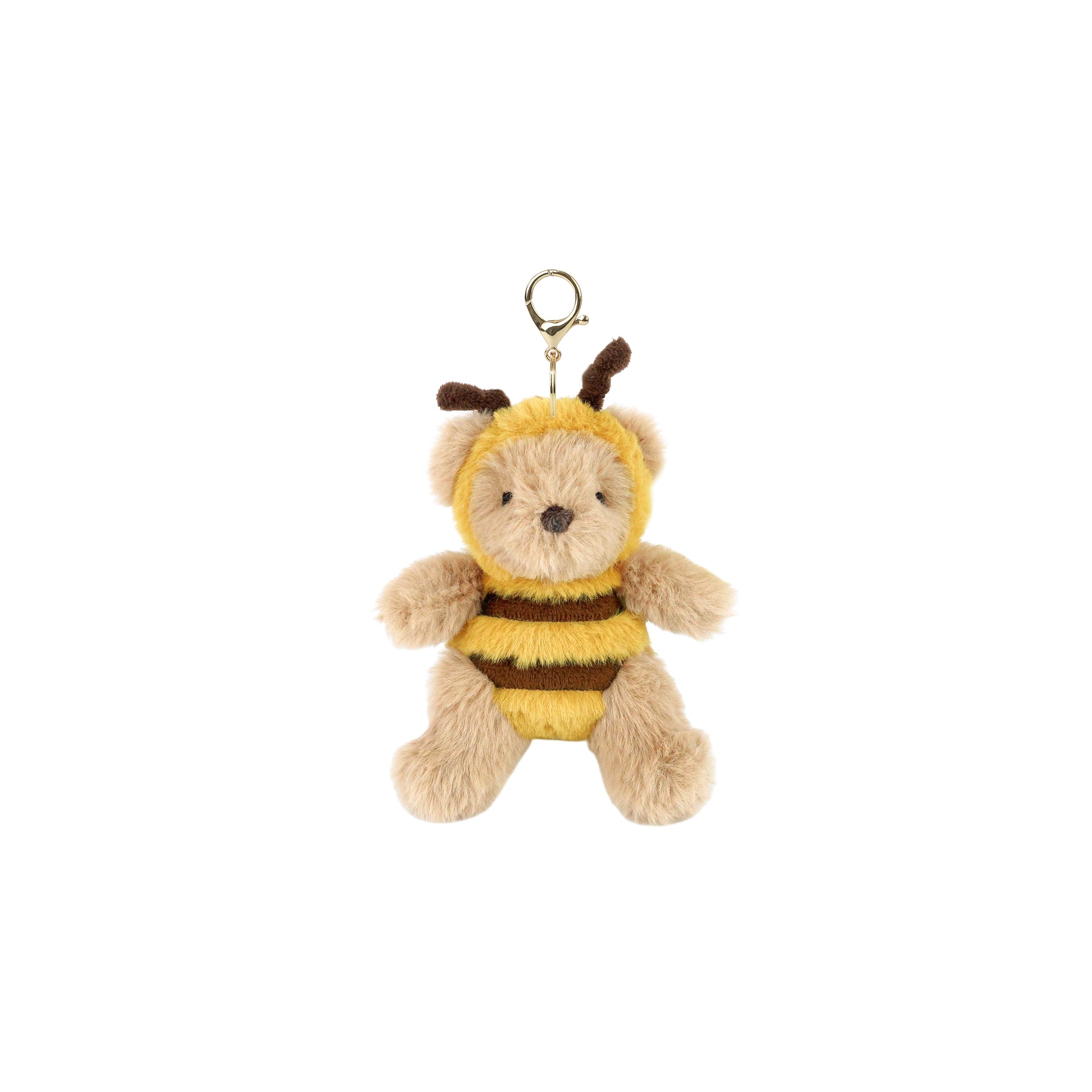 Mon Ami plush teddy bear keychain dressed in a yellow and brown bumblebee costume with a gold lobster clasp.