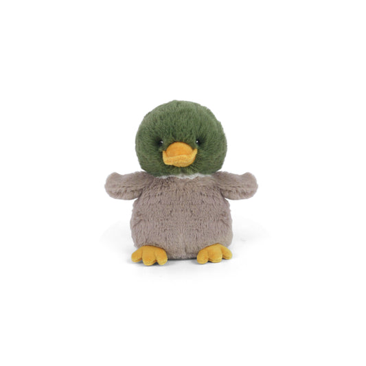 Mon Ami Billie Petit Mallard Duck plush featuring a mossy-green head, sunshine-yellow beak, and cozy cocoa-brown body.