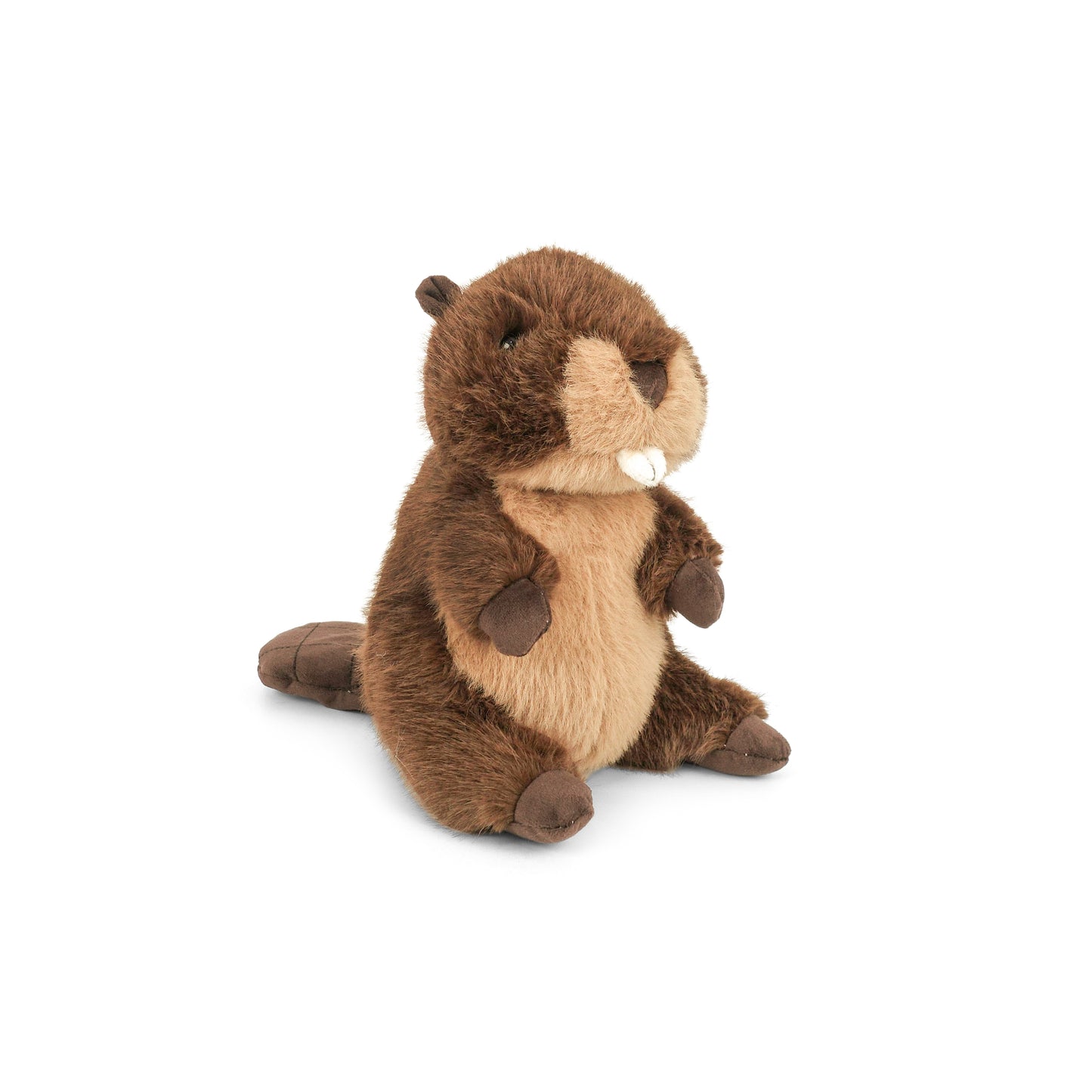 Mon Ami Birch Beaver plush sitting upright featuring soft chocolate-brown fur, a tan belly, tiny paws, and a signature front tooth smile.